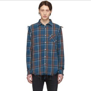 R13 Blue Plaid Flannel Shredded Seam Shirt